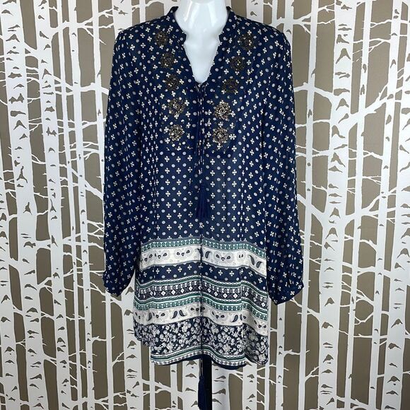 Chelsea & Violet Boho Navy & White Square Brass Sequin Semi-Sheer Tunic Top sz S - Picture 1 of 4